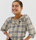 Monki Check Print Puff-sleeve Top In Beige