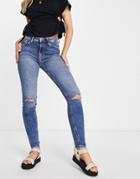 Only High Rise Skinny Jeans With Distressed Knees In Medium Wash-blue