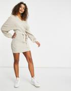Fashionkilla Knitted Off Shoulder Tie Detail Mini Dress In Oatmeal-white