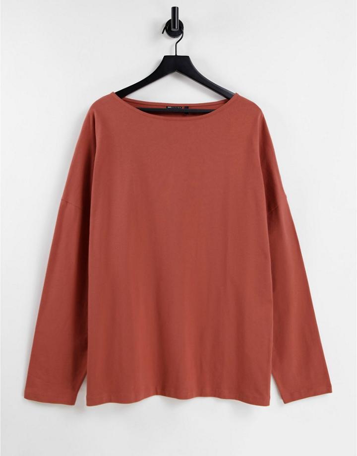 Asos Design Oversized Long Sleeve T-shirt With Boat Neck In Washed Red-pink