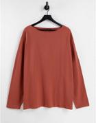Asos Design Oversized Long Sleeve T-shirt With Boat Neck In Washed Red-pink
