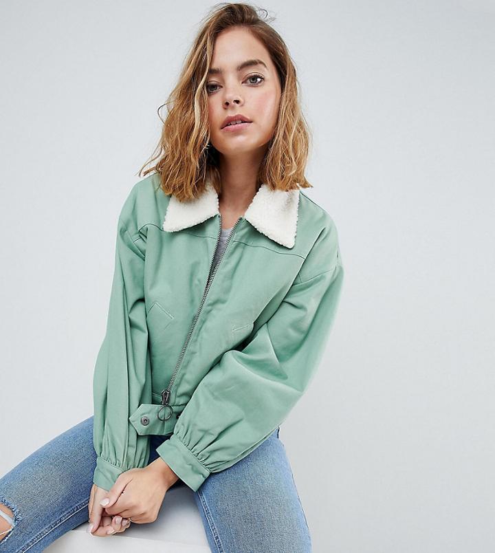 Asos Petite Utility Jacket With Fleece Collar - Green