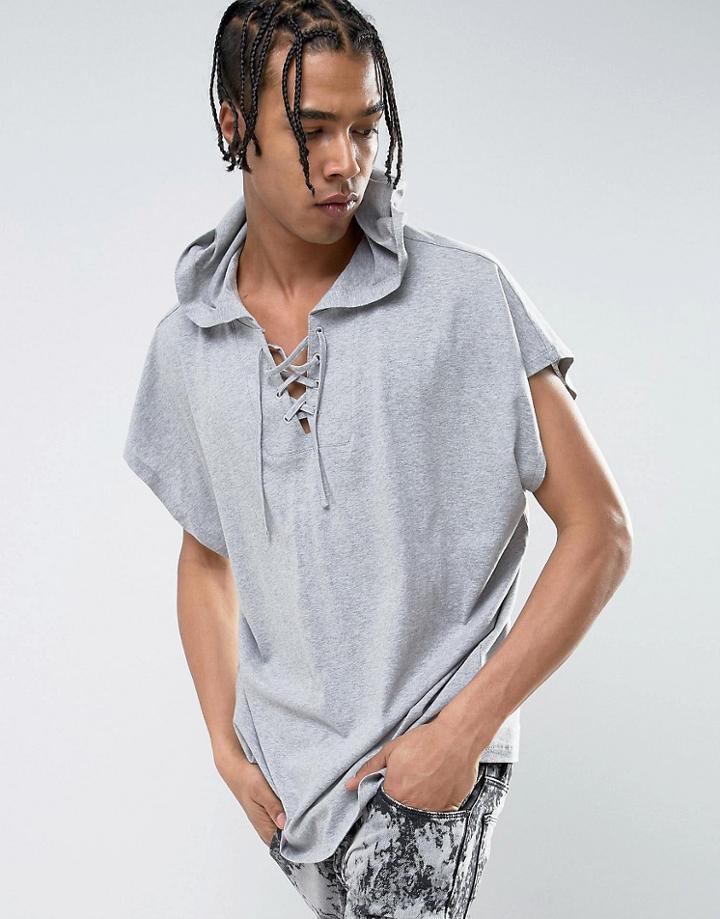 Asos Super Oversized Sleeveless Hooded T-shirt With Lace Up Neck In Gray Marl - Gray