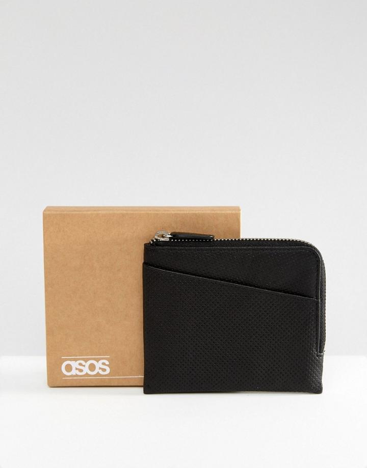 Asos Leather Zip Around Wallet In Black With Cardholder Front Perforated - Black