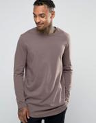 Asos Longline Long Sleeve T-shirt With Curved Hem - Gray