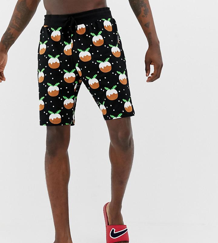 Asos Design Mix & Match Christmas Pyjama Shorts With Christmas Pud Design - Black