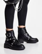 New Look Pearl Studded Flat Boot In Black