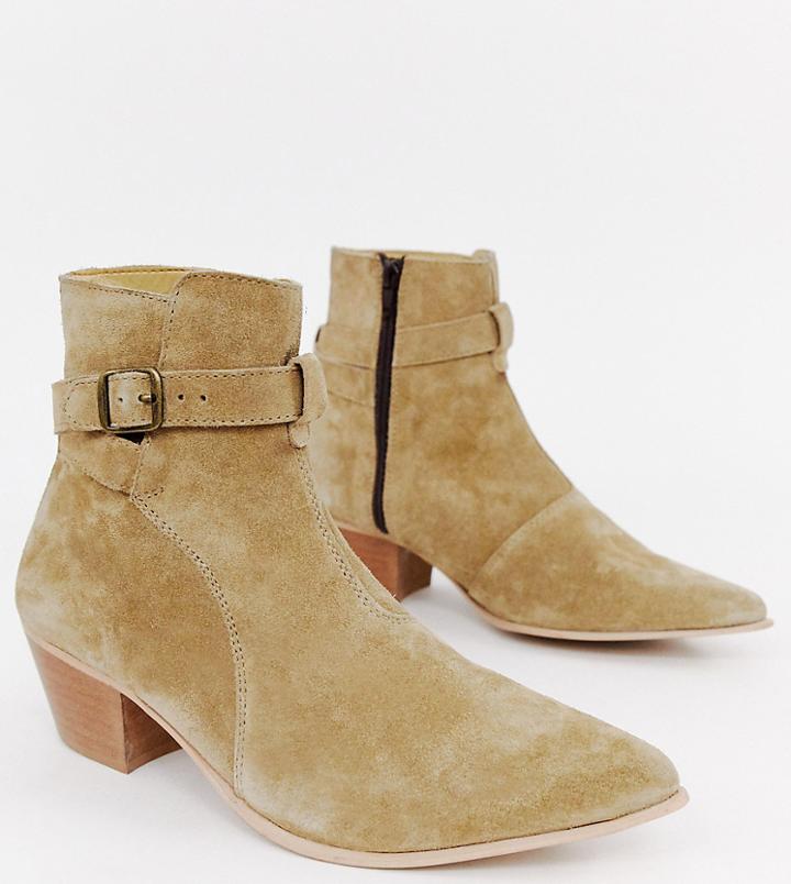 Asos Design Stacked Heel Western Chelsea Boots In Stone Suede - Stone