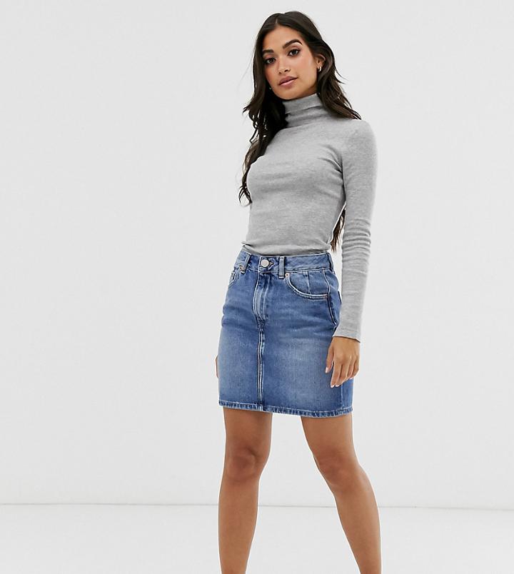 Asos Design Petite Denim Original High Waisted Skirt In Stonewash Blue