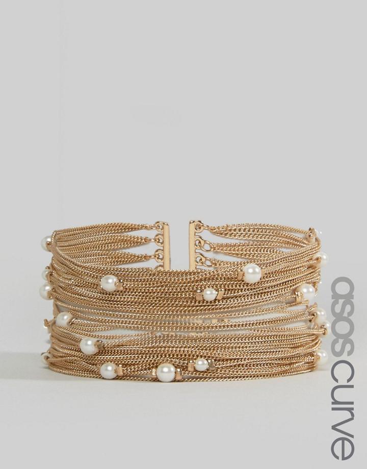 Asos Curve Fine Chain And Faux Pearl Multirow Bracelet - Gold