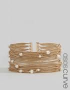 Asos Curve Fine Chain And Faux Pearl Multirow Bracelet - Gold