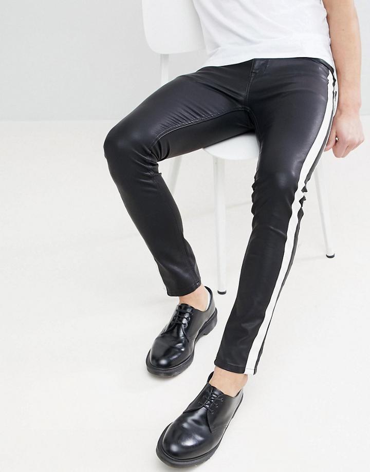 Asos Super Skinny Jeans In Black Faux Leather With White Side Stripe - Black