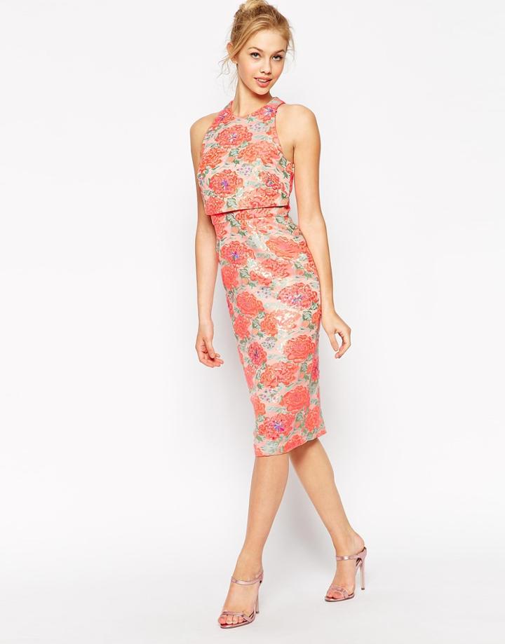 Asos Cluster Embellished Crop Top Jacquard Dress - Fluro Pink