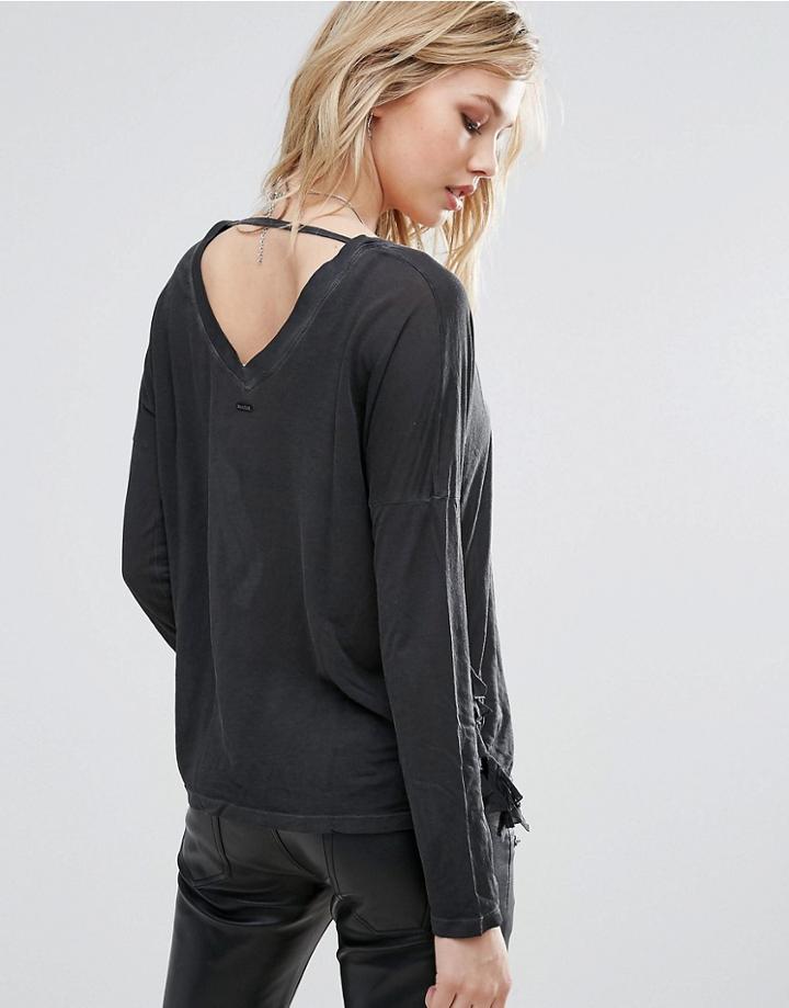 Replay V Neck Top With Tassle Sides - Black