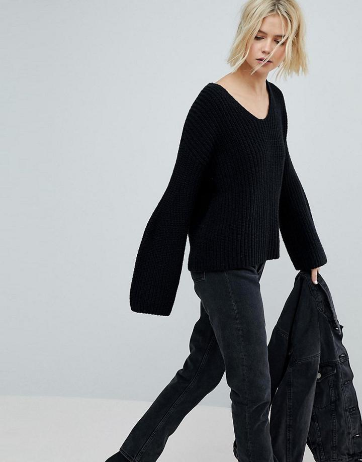 Weekday V Neck Ribbed Knit Sweater - Black