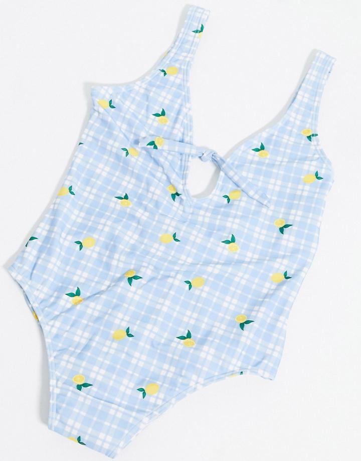 Chelsea Peers Recycled Swimsuit In Blue Gingham And Lemon Print-blues