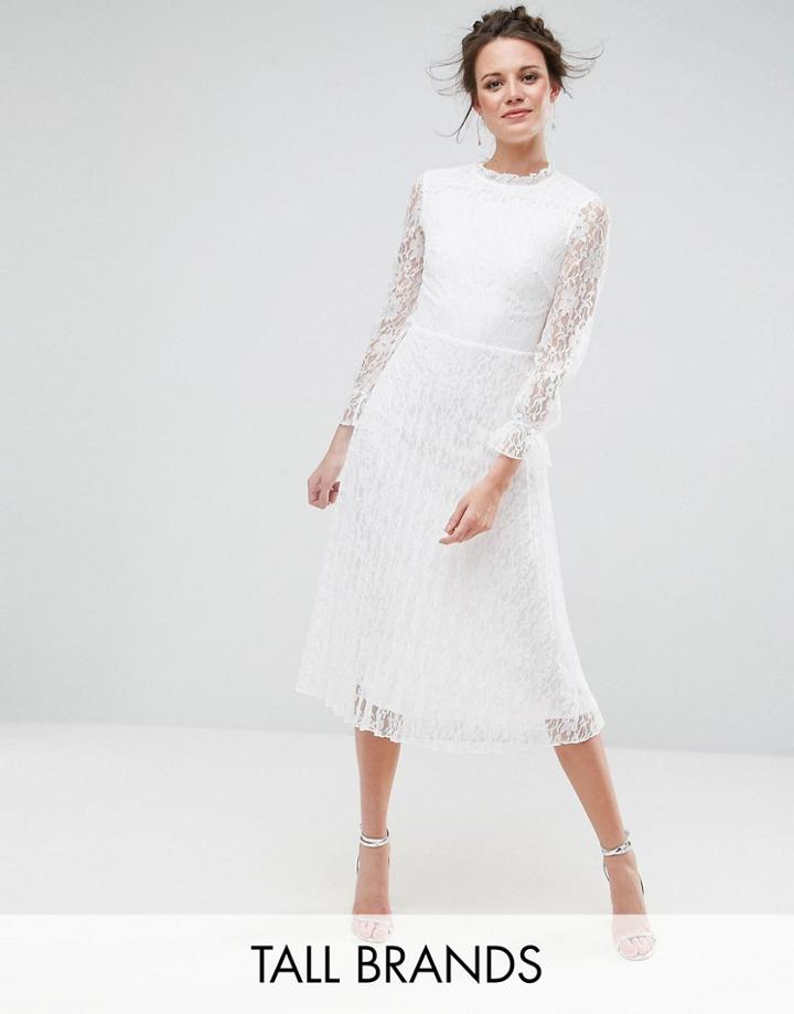 Little Mistress Tall Frilly High Neck All Over Lace Skater Dress - Cream