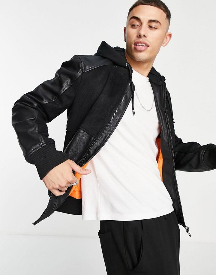 River Island Suedette Hooded Biker Jacket In Black