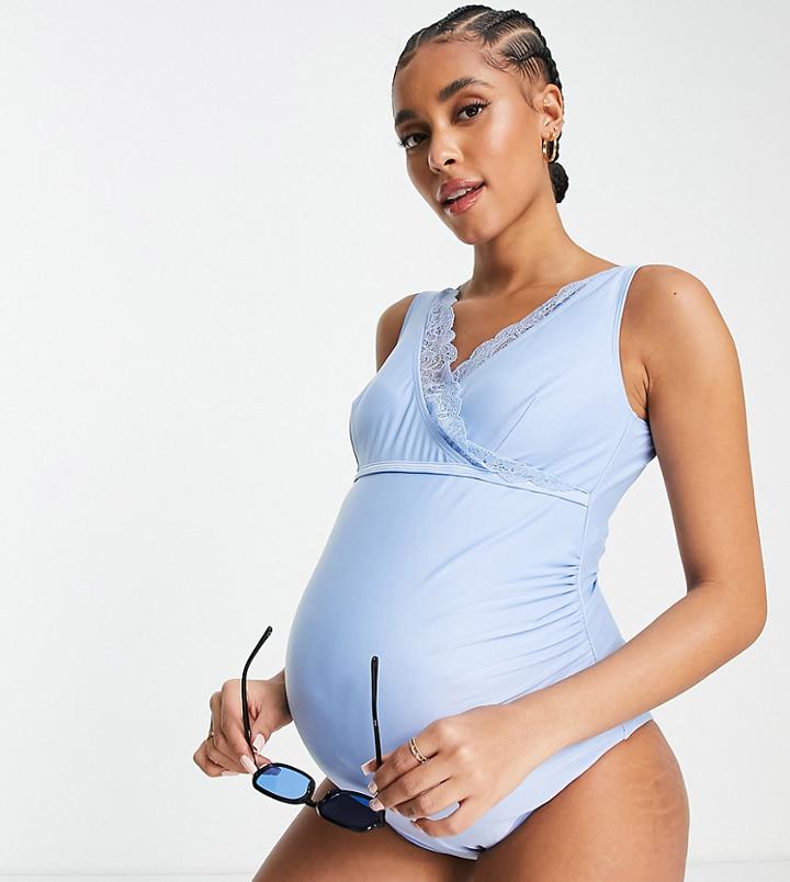Peek & Beau Maternity Exclusive Lace Trim Swimsuit In Baby Blue