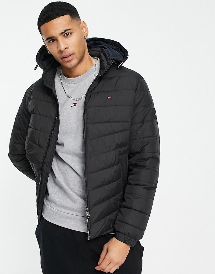 Tommy Hilfiger Hooded Taping Puffer Jacket In Black
