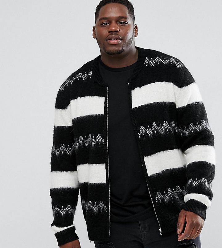Asos Plus Mohair Wool Blend Bomber Jacket In Monochrome Stripe - Black