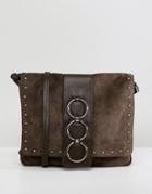 Asos Design Leather And Suede Ring Cross Body Bag - Brown