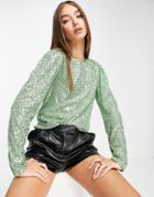 Asos Design Sequin Top With Flare Sleeve In Green