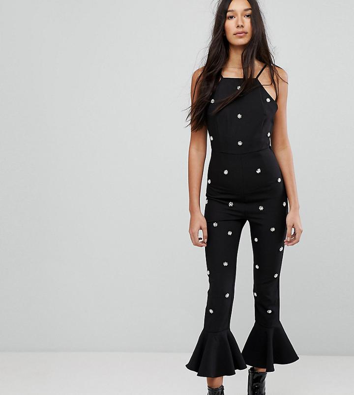 Missguided Tall Pearl Embellished Flare Hem Jumpsuit - Black