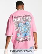 Crooked Tongues Unisex Oversized T-shirt With Time For Tea Back Graphic Print In Pink