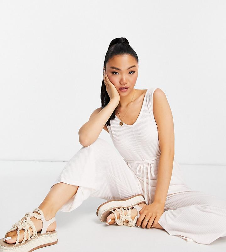 Asos Design Petite Mix & Match Lounge Super Soft Rib Jumpsuit With Waist Tie In Ecru-white