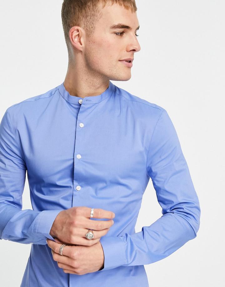 Asos Design Muscle Fit Shirt With Grandad Collar In Blue-blues