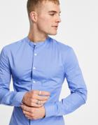 Asos Design Muscle Fit Shirt With Grandad Collar In Blue-blues