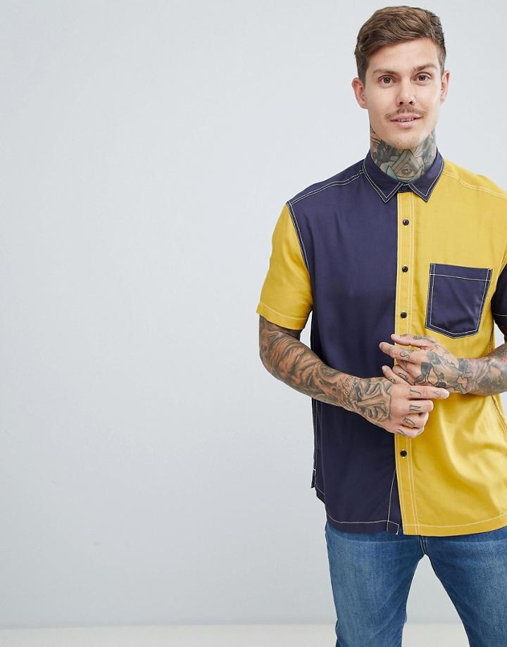Asos Design Regular Fit Cut & Sew Shirt In Navy & Mustard - Navy