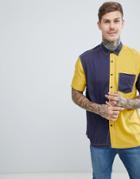 Asos Design Regular Fit Cut & Sew Shirt In Navy & Mustard - Navy