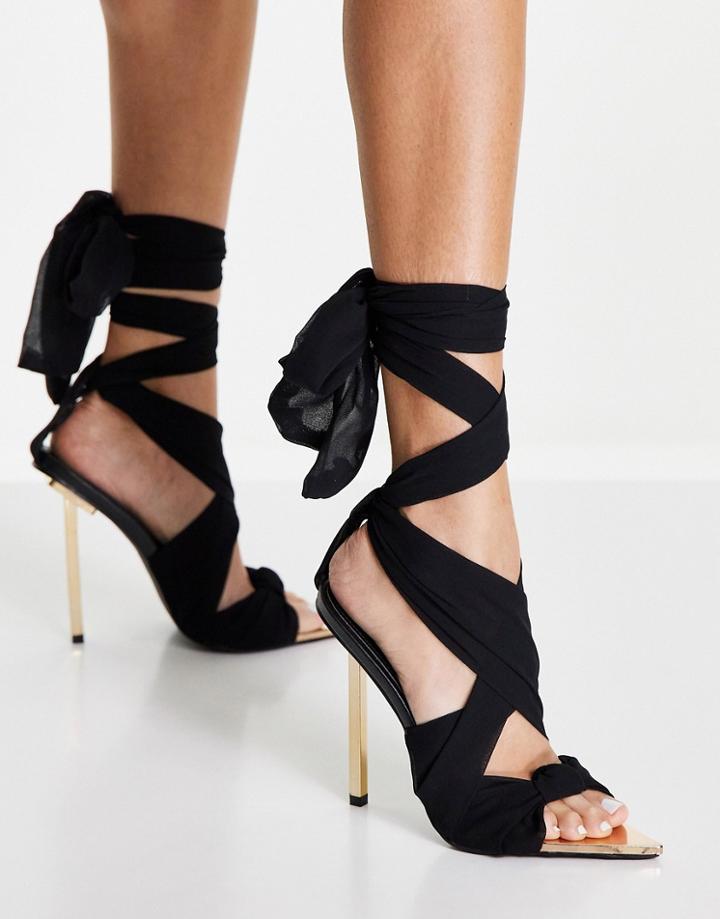 Public Desire Huni Ribbon Tie Up Gold Stiletto Heeled Sandals Black