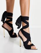 Public Desire Huni Ribbon Tie Up Gold Stiletto Heeled Sandals Black