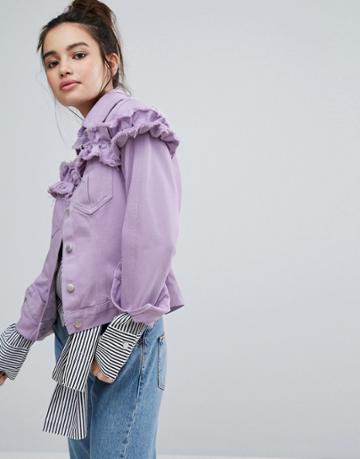 H! By Henry Holland Denim Jacket With Frill - Purple