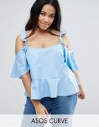 Asos Curve Cotton Sun Top With Ruffle Cold Shoulder - Blue