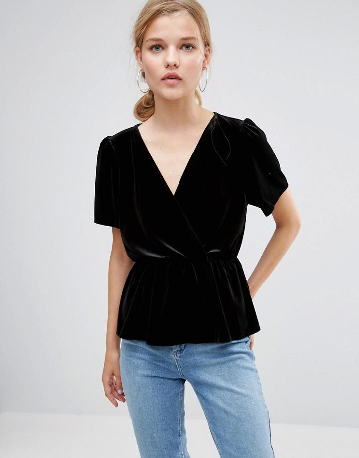 Asos Velvet Wrap Tea Blouse - Black