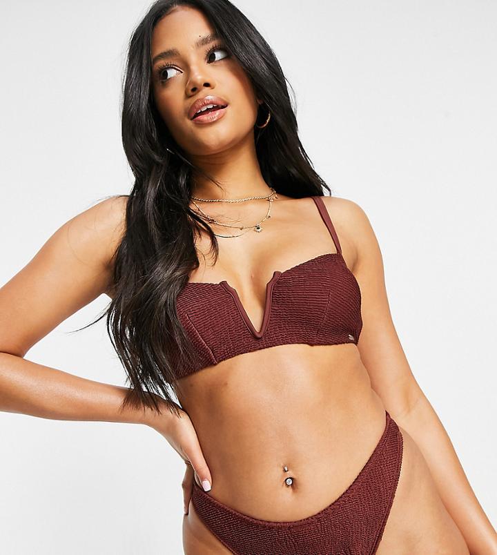 Free Society Exclusive Mix And Match Crinkle Deep V Bikini Top In Brown