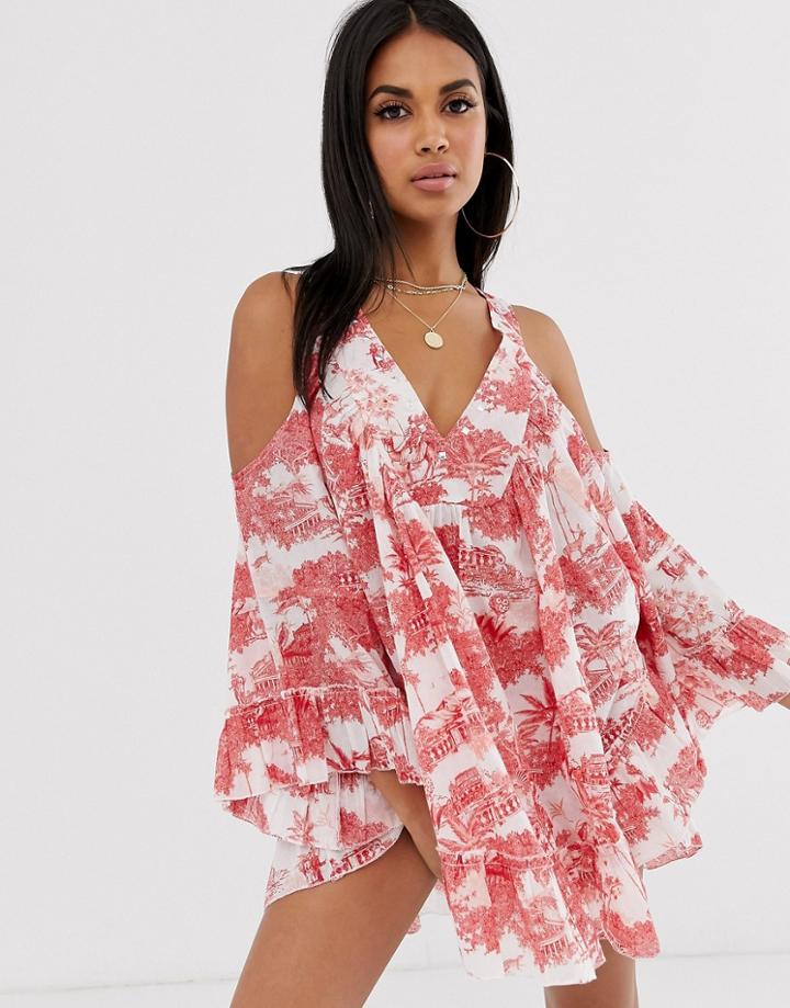 Asos Design Cold Shoulder Chinoiserie Print Beach Dress With Stud Detail - Multi
