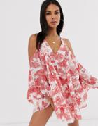 Asos Design Cold Shoulder Chinoiserie Print Beach Dress With Stud Detail - Multi