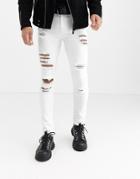 Asos Design Super Skinny Jeans With Heavy Rips In White