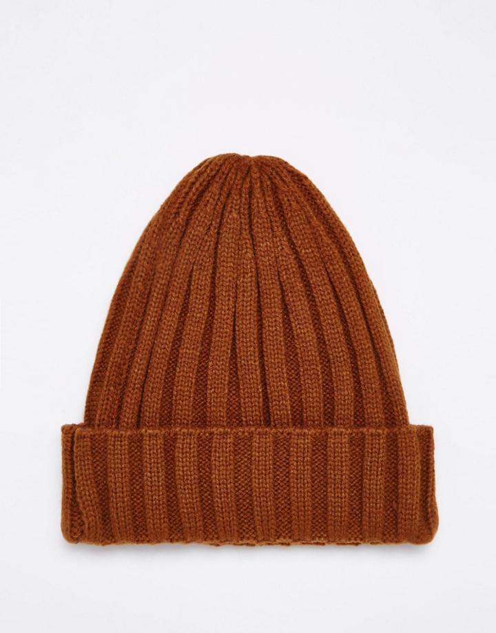 Asos Pointed Ribbed Beanie In Tobacco - Tobacco