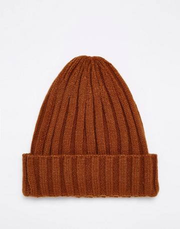 Asos Pointed Ribbed Beanie In Tobacco - Tobacco