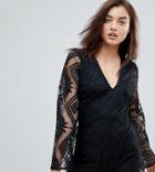 Prettylittlething Lace Trim Long Sleeve Romper - Black