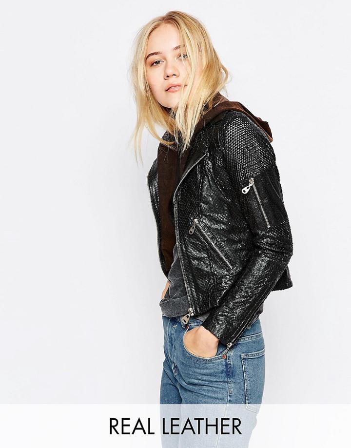 Doma Punched Scaled Textured Leather Jacket - Black