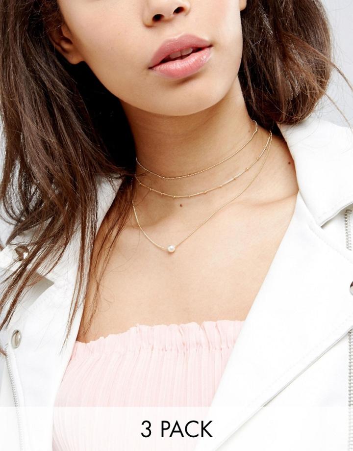 Asos Pack Of 3 Ball Chain And Pearl Layering Necklaces - Multi