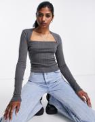 Emory Park Slinky Square Neck Top With Long Sleeves In Dark Charcoal-gray