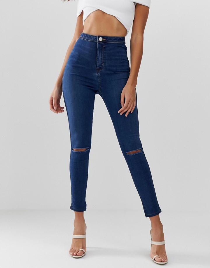 Asos Design Rivington High Waisted Jeggings In Rich Vintage Blue With Slash Rip Knee Detail - Blue